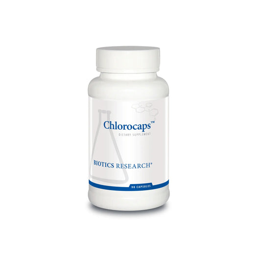 Front view of the Biotics Research Chlorocaps bottle showcasing the fat soluble chlorophyllin complex formula