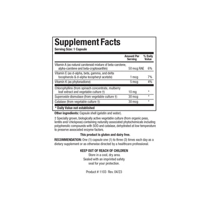 Close up of the Chlorocaps supplement facts label detailing fat soluble chlorophyllin concentration per capsule serving