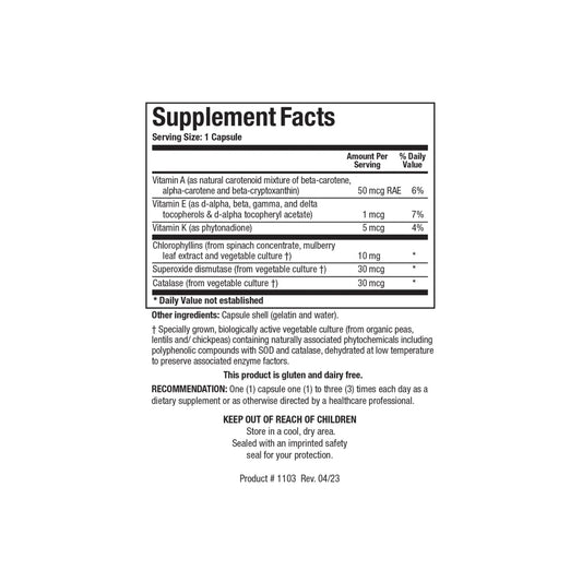 Close up of the Chlorocaps supplement facts label detailing fat soluble chlorophyllin concentration per capsule serving
