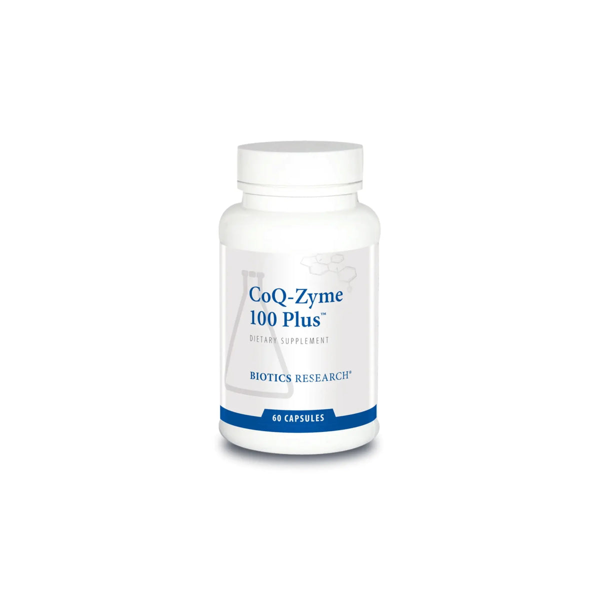 Front view of the Biotics Research CoQ Zyme 100 Plus bottle showcasing the high potency micro emulsified CoQ10 and B vitamin formula