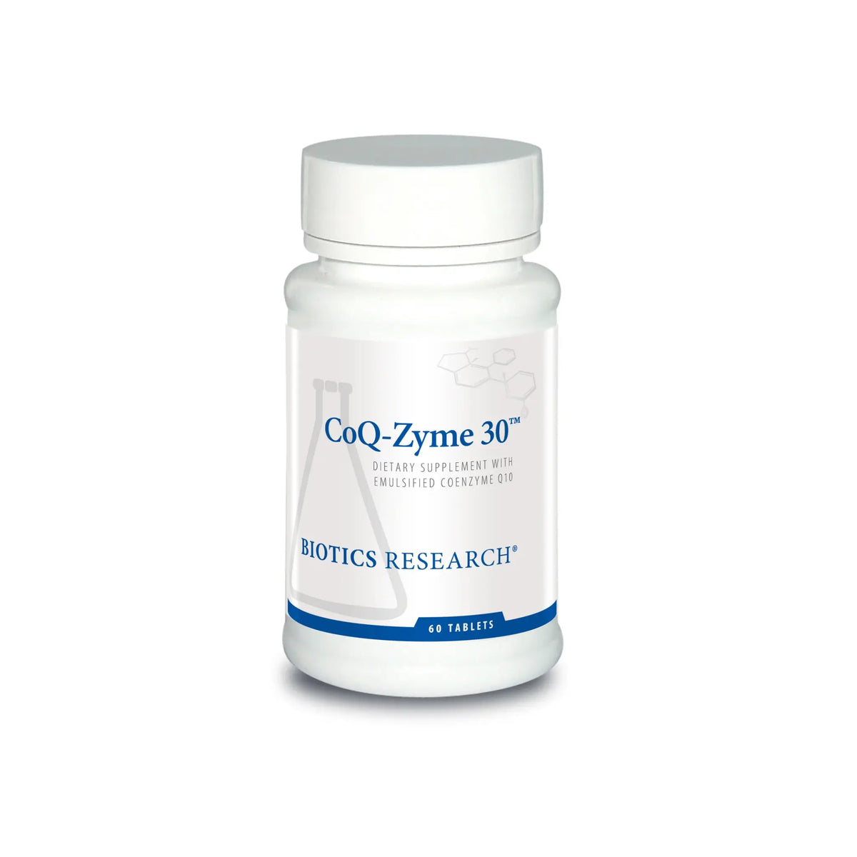 Front view of the Biotics Research CoQ Zyme 30 bottle showcasing the micro emulsified coenzyme Q10 formula