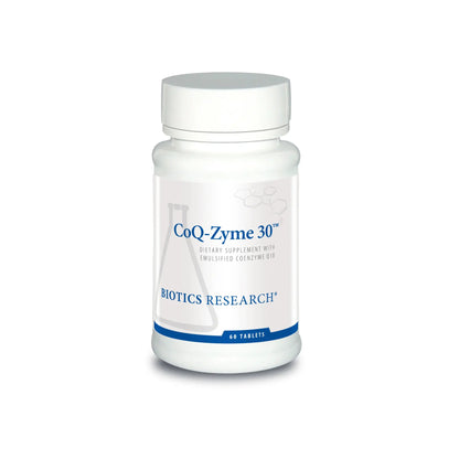 Front view of the Biotics Research CoQ Zyme 30 bottle showcasing the micro emulsified coenzyme Q10 formula