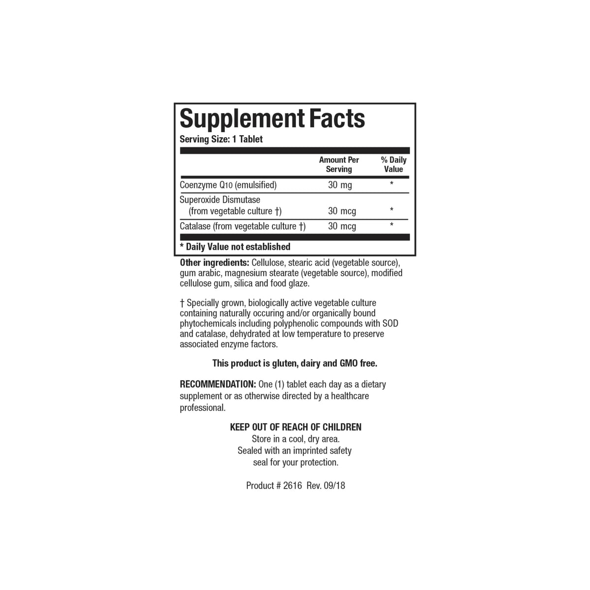 Close up of the CoQ Zyme 30 supplement facts label detailing micro emulsified CoQ10 per tablet and active vegetable culture