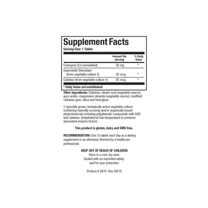 Close up of the CoQ Zyme 30 supplement facts label detailing micro emulsified CoQ10 per tablet and active vegetable culture