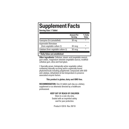Close up of the CoQ Zyme 30 supplement facts label detailing micro emulsified CoQ10 per tablet and active vegetable culture