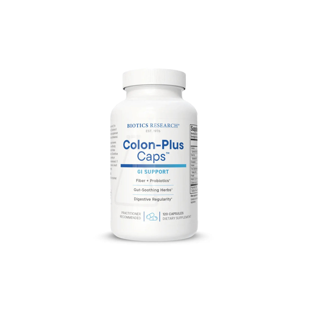 Front view of the Biotics Research Colon Plus Caps bottle showcasing the natural fiber and digestive balance formula