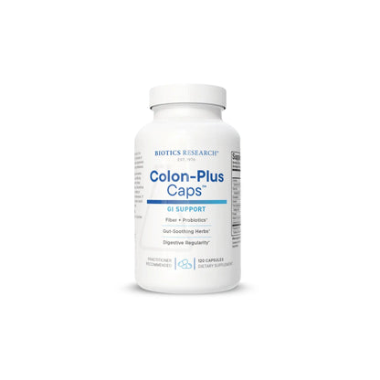 Front view of the Biotics Research Colon Plus Caps bottle showcasing the natural fiber and digestive balance formula