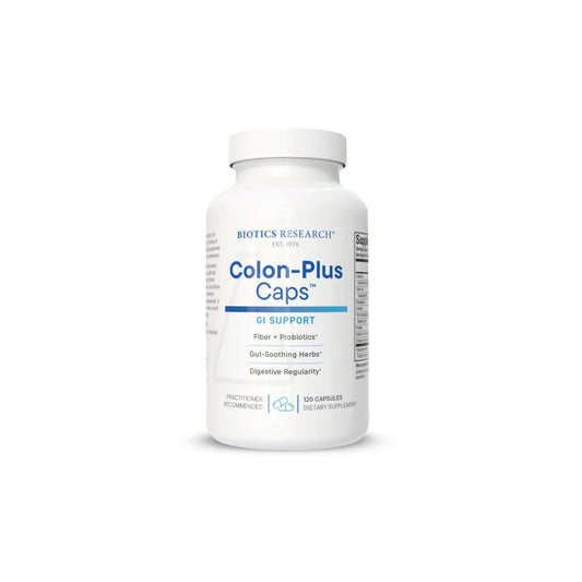 Front view of the Biotics Research Colon Plus Caps bottle showcasing the natural fiber and digestive balance formula