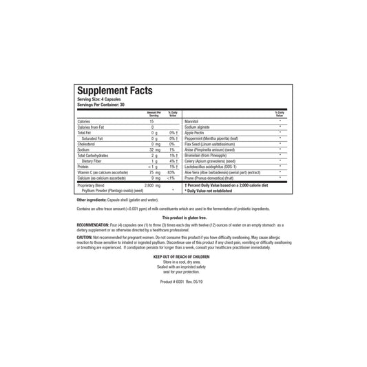 Close up of the Colon Plus Caps supplement facts label detailing psyllium flax seed pectin kelp and probiotic culture blend