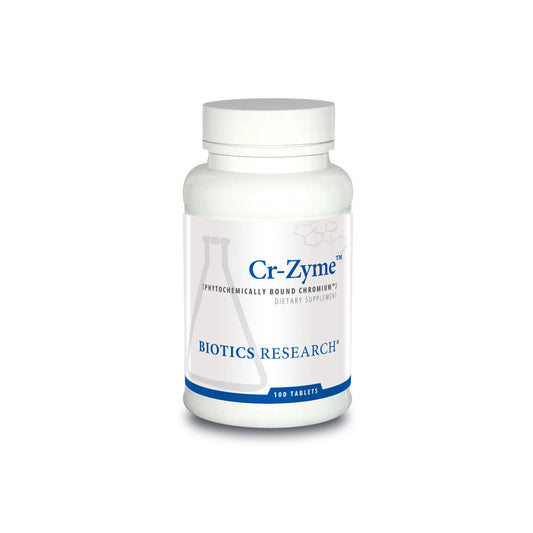 Front view of the Biotics Research Cr Zyme bottle showcasing the phytochemically bound food form chromium complex