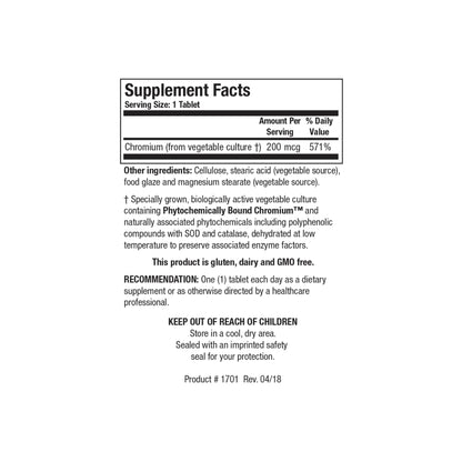 Close up of the Cr Zyme supplement facts label detailing biologically active vegetable culture supplying 200 mcg of chromium per tablet
