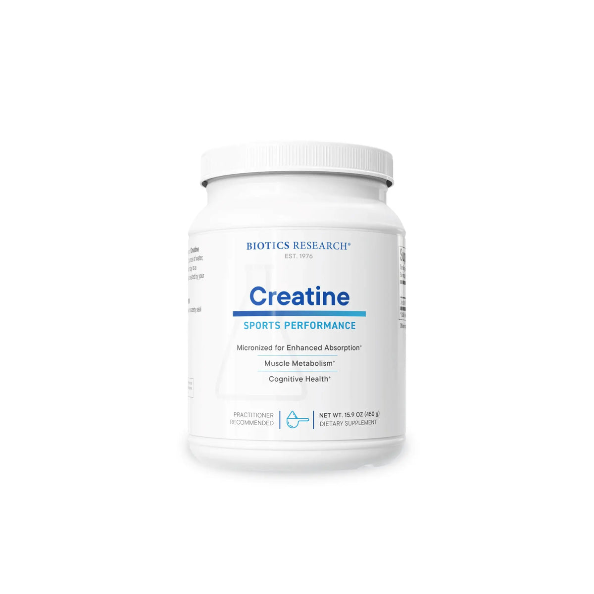 Front view of the Biotics Research Creatine container highlighting the pure micronized muscle and cellular energy powder