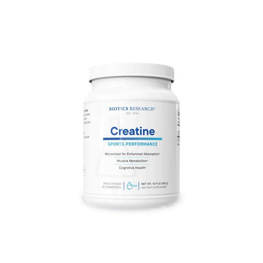 Front view of the Biotics Research Creatine container highlighting the pure micronized muscle and cellular energy powder