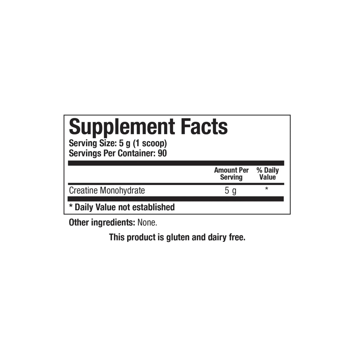 Close up of the Creatine supplement facts label detailing pure creatine monohydrate potency per scoop serving