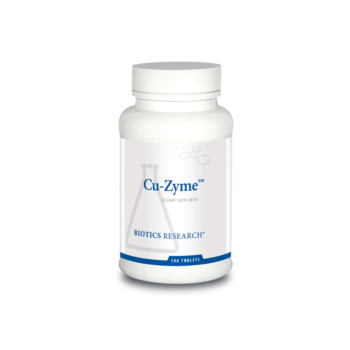 Front view of the Biotics Research Cu Zyme bottle showcasing the bioavailable copper chelate mineral formula