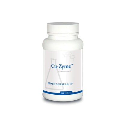 Front view of the Biotics Research Cu Zyme bottle showcasing the bioavailable copper chelate mineral formula