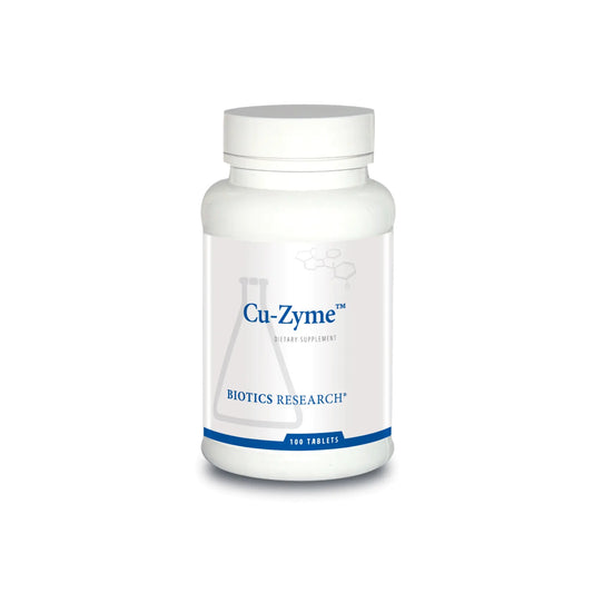 Front view of the Biotics Research Cu Zyme bottle showcasing the bioavailable copper chelate mineral formula