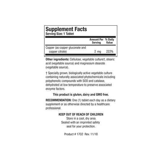 Close up of the Cu Zyme supplement facts label detailing copper chelate dosage and active vegetable culture ingredients