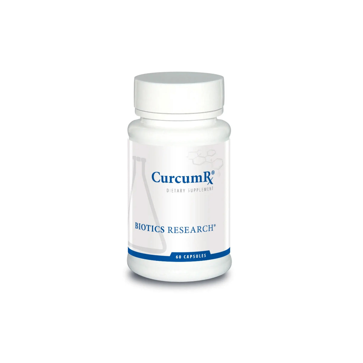 Front view of the Biotics Research CurcumRx bottle showcasing the emulsified whole root turmeric complex