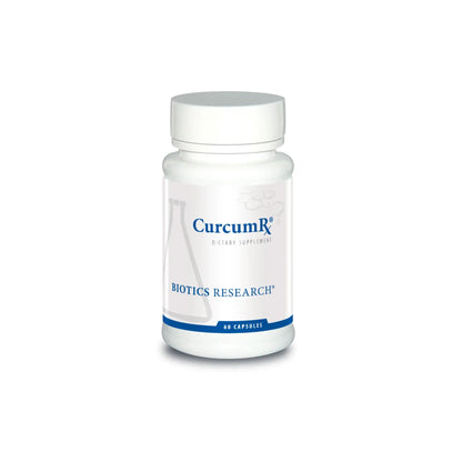Front view of the Biotics Research CurcumRx bottle showcasing the emulsified whole root turmeric complex