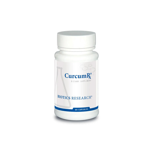 Front view of the Biotics Research CurcumRx bottle showcasing the emulsified whole root turmeric complex