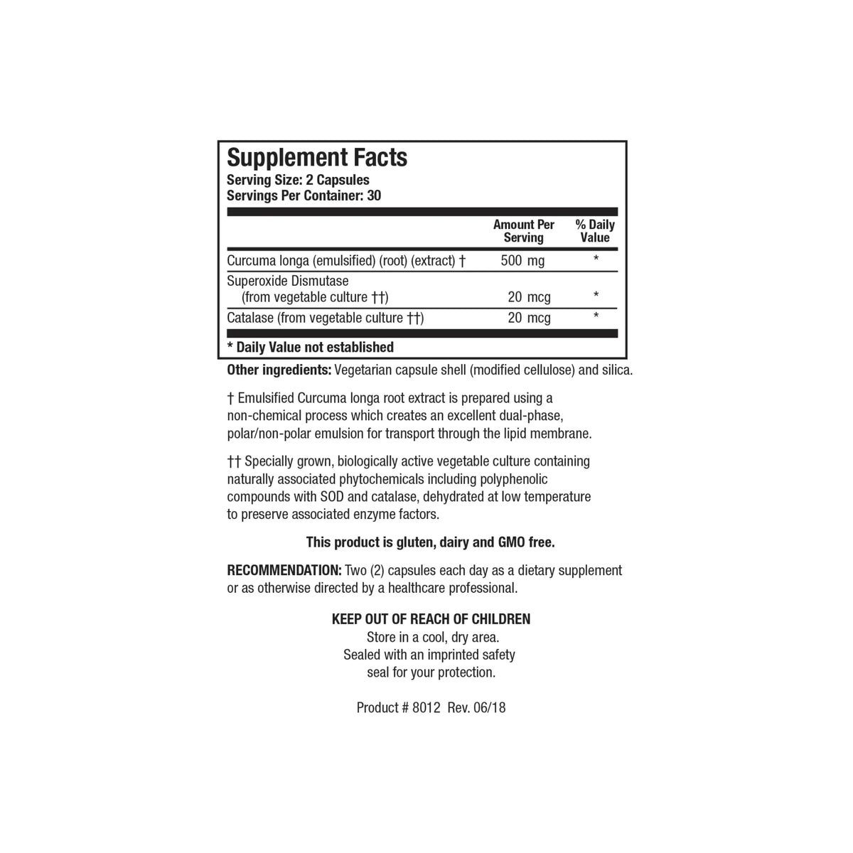 Close up of the CurcumRx supplement facts label detailing emulsified turmeric extract concentration and active constituent spectrum