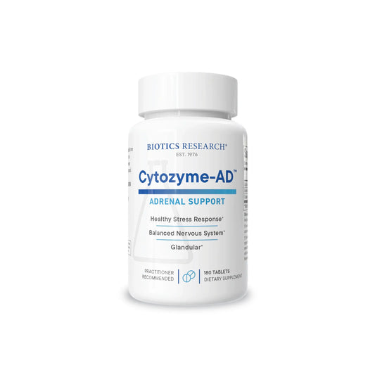 Front view of the Biotics Research Cytozyme AD bottle showcasing the neonatal adrenal glandular support formula
