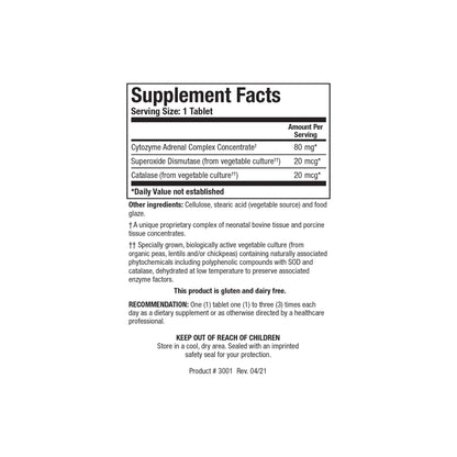Close up of the Cytozyme AD supplement facts label detailing neonatal bovine adrenal complex superoxide dismutase and catalase