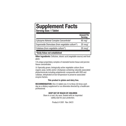 Close up of the Cytozyme AD supplement facts label detailing neonatal bovine adrenal complex superoxide dismutase and catalase