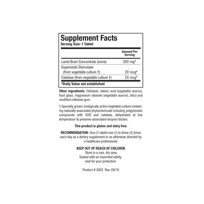Close up of the Cytozyme B supplement facts label detailing lamb brain tissue concentrate superoxide dismutase and catalase