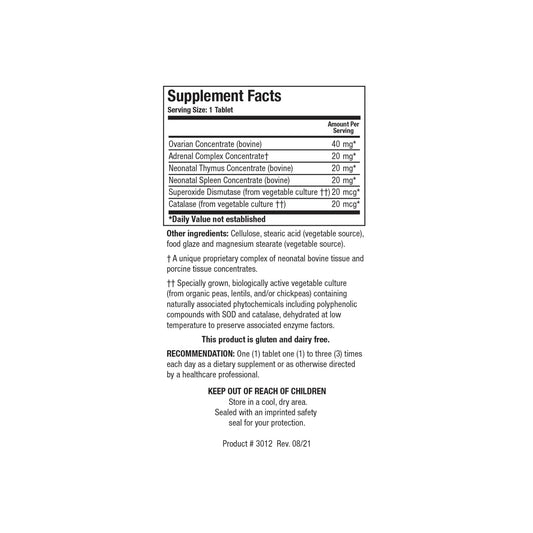 Close up of the Cytozyme F supplement facts label detailing neonatal adrenal thymus spleen and ovary concentrates with SOD and catalase