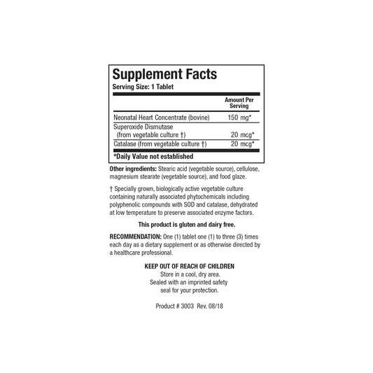 Close up of the Cytozyme H supplement facts label detailing neonatal bovine heart concentrate superoxide dismutase and catalase