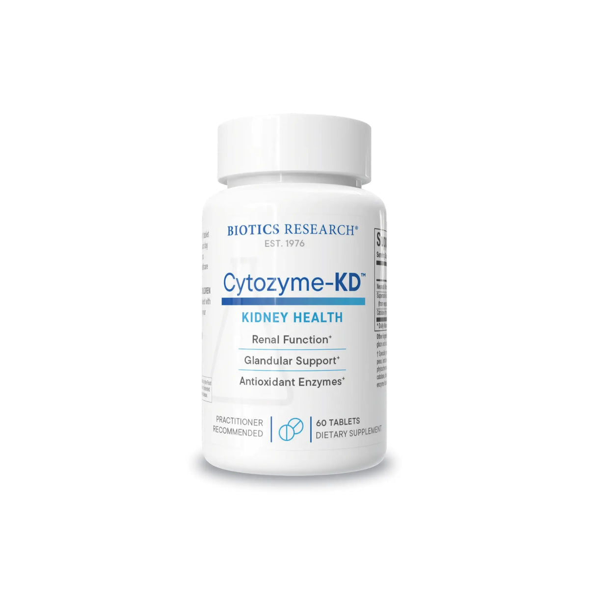 Front view of the Biotics Research Cytozyme KD bottle showcasing the neonatal kidney glandular and renal support formula
