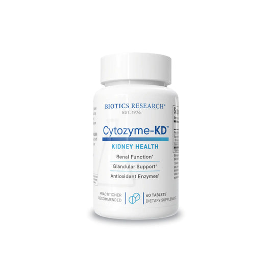 Front view of the Biotics Research Cytozyme KD bottle showcasing the neonatal kidney glandular and renal support formula