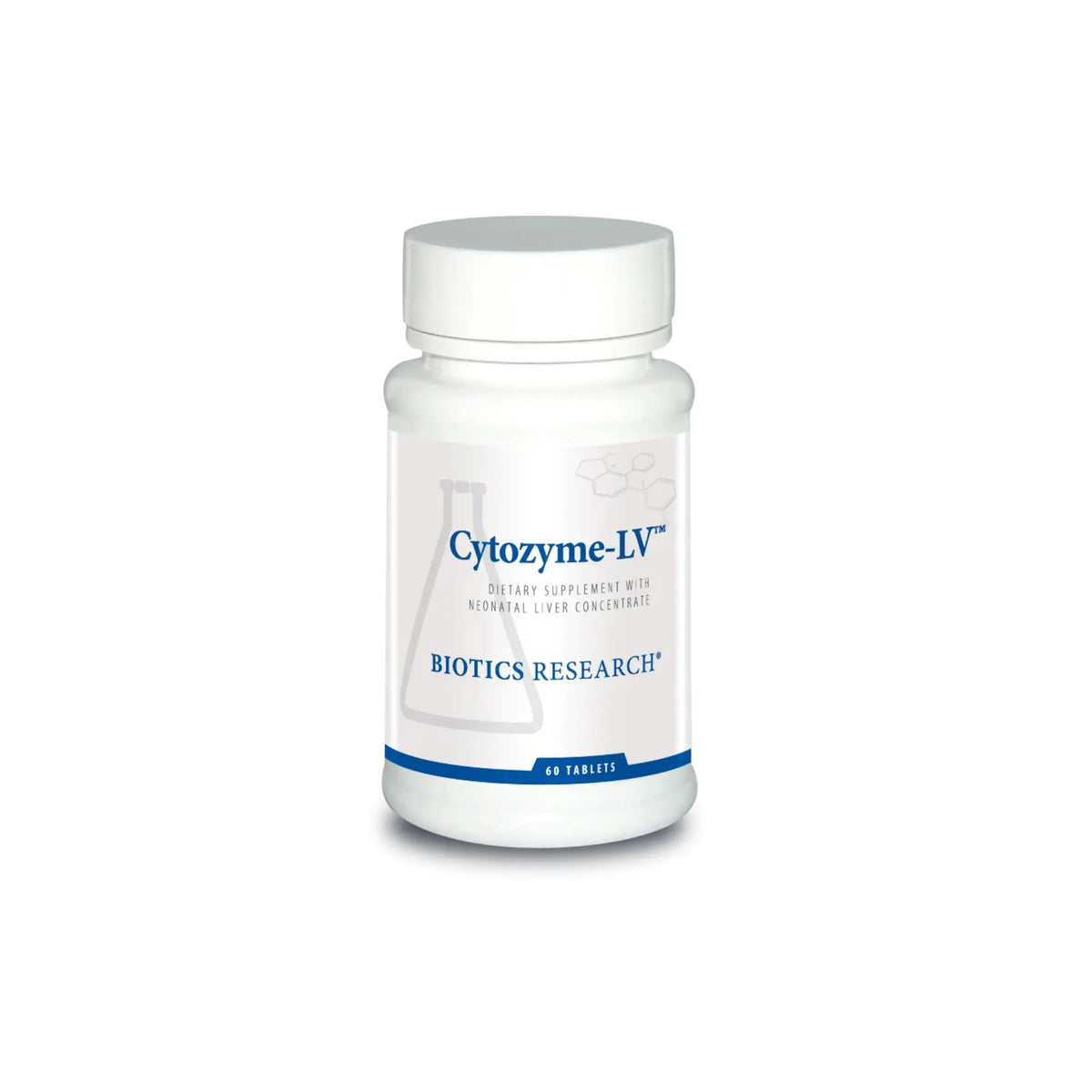 Front view of the Biotics Research Cytozyme LV bottle showcasing the neonatal liver glandular and hepatic support formula