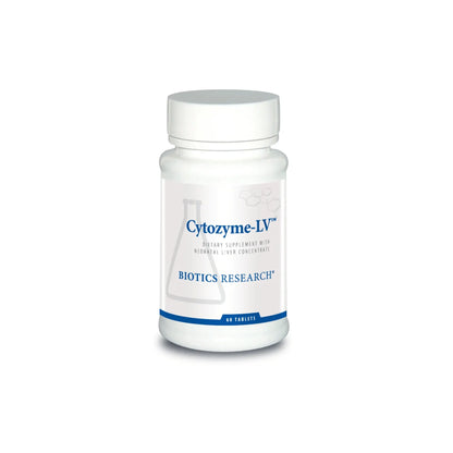 Front view of the Biotics Research Cytozyme LV bottle showcasing the neonatal liver glandular and hepatic support formula