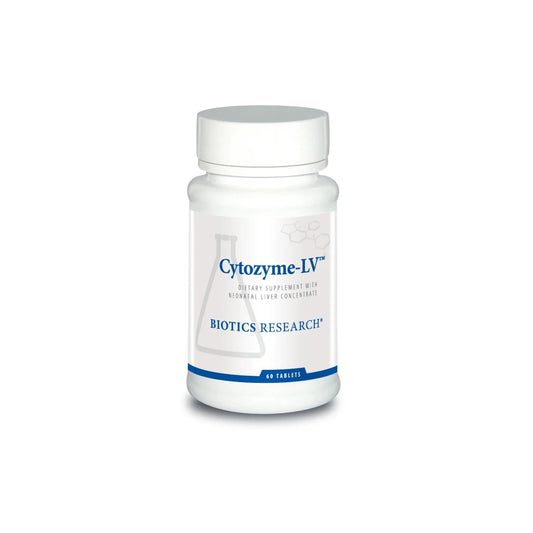 Front view of the Biotics Research Cytozyme LV bottle showcasing the neonatal liver glandular and hepatic support formula