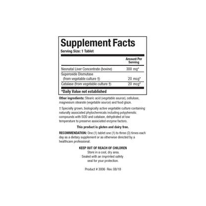 Close up of the Cytozyme LV supplement facts label detailing neonatal bovine liver concentrate superoxide dismutase and catalase