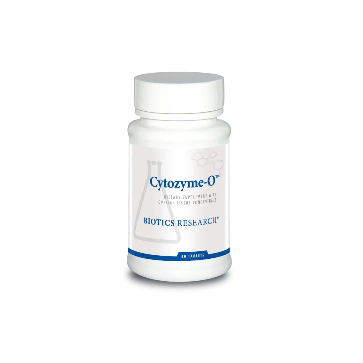 Front view of the Biotics Research Cytozyme O bottle showcasing the raw ovarian glandular and female health formula