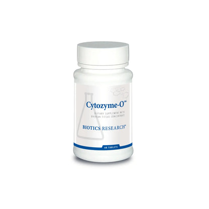 Front view of the Biotics Research Cytozyme O bottle showcasing the raw ovarian glandular and female health formula