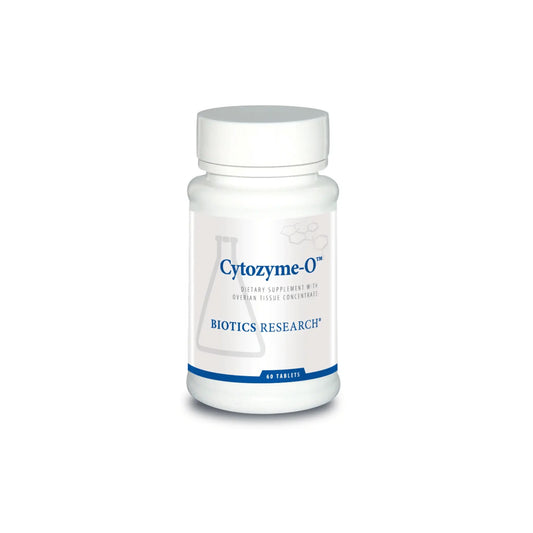 Front view of the Biotics Research Cytozyme O bottle showcasing the raw ovarian glandular and female health formula
