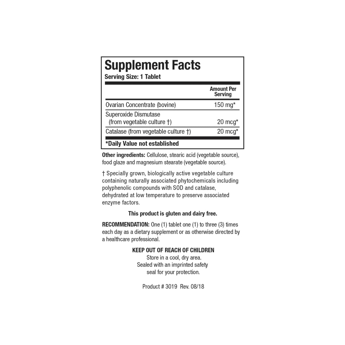 Close up of the Cytozyme O supplement facts label detailing raw ovarian concentrate superoxide dismutase and catalase