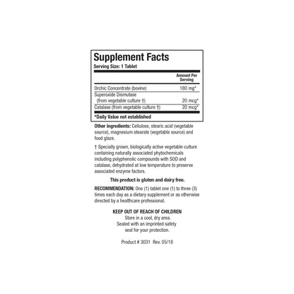 Close up of the Cytozyme Orchic supplement facts label detailing raw orchic concentrate superoxide dismutase and catalase