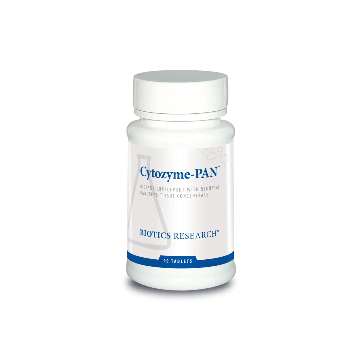 Front view of the Biotics Research Cytozyme PAN bottle showcasing the neonatal pancreas glandular and digestive support formula