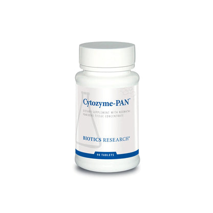 Front view of the Biotics Research Cytozyme PAN bottle showcasing the neonatal pancreas glandular and digestive support formula