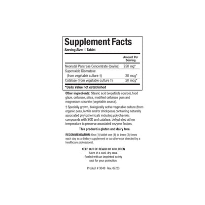 Close up of the Cytozyme PAN supplement facts label detailing neonatal bovine pancreas concentrate superoxide dismutase and catalase