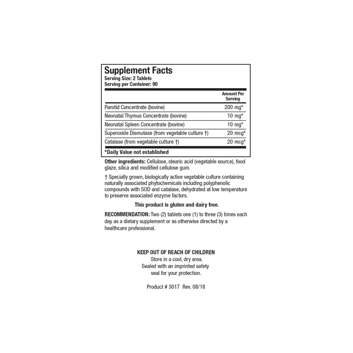 Close up of the Cytozyme Parotid TS supplement facts label detailing parotid tissue concentrate superoxide dismutase and catalase