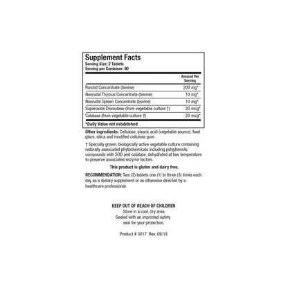 Close up of the Cytozyme Parotid TS supplement facts label detailing parotid tissue concentrate superoxide dismutase and catalase