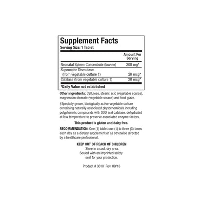 Close up of the Cytozyme SP supplement facts label detailing neonatal bovine spleen concentrate superoxide dismutase and catalase