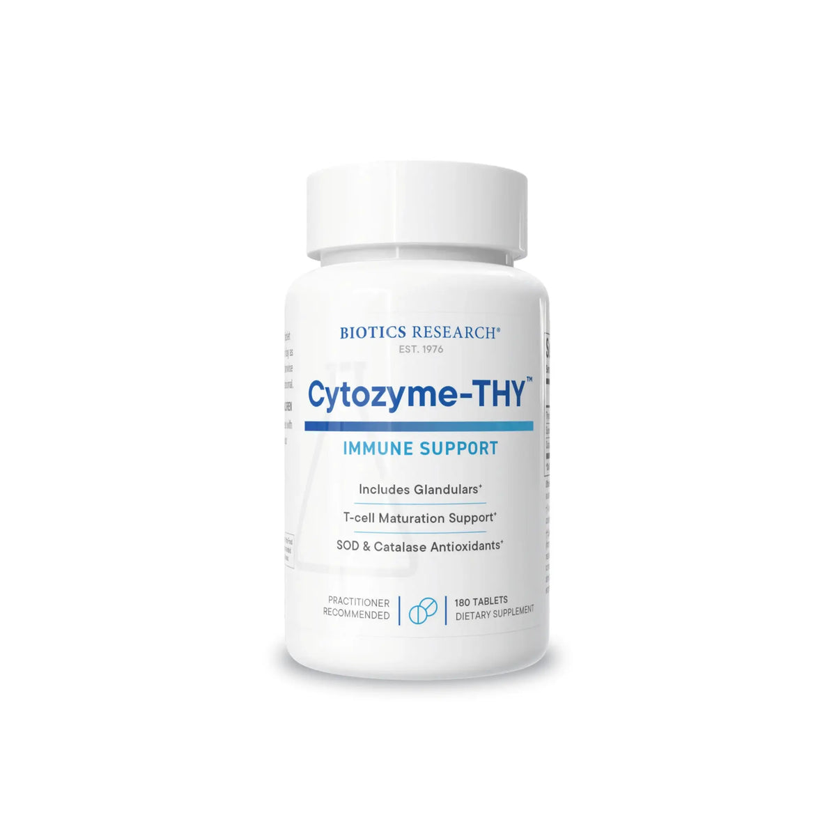 Front view of the Biotics Research Cytozyme THY bottle showcasing the neonatal thymus glandular and immune support formula